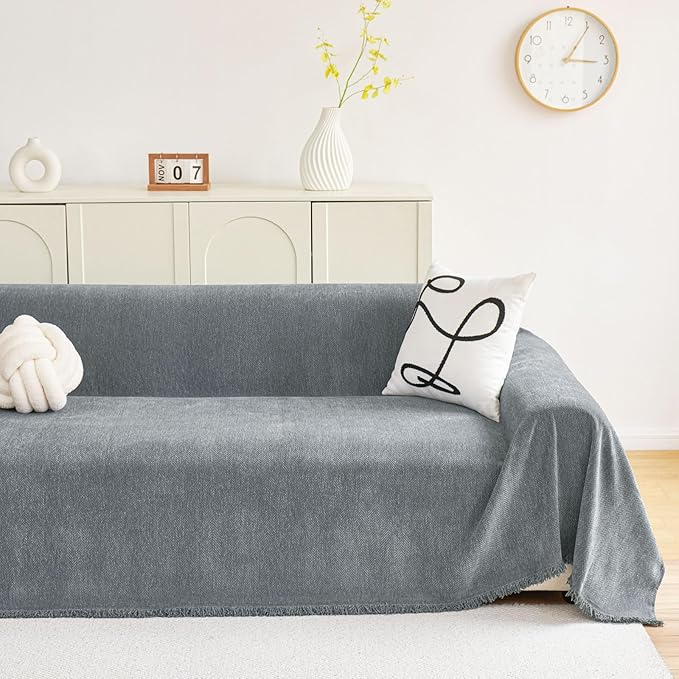 hyha Couch Cover for Dogs, Boho Sofa Covers for 3 Cushion Couch Washable, Chenille Sofa Slipcover for Pets, Soft Loveseat Sectional Couch Throw Blankets with Tassels (Grey, 71x134 Inch)
