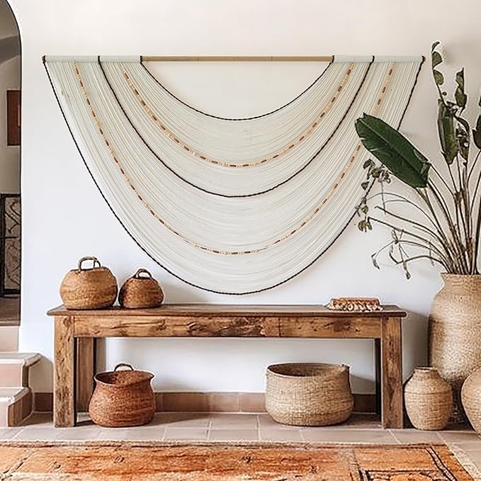 Flber Macrame Wall Hanging Handcrafted Boho Wall Decor Bead Woven Wall Hanging for Bedroom, Living Room, Entryway, Farmhouse or Nursery Bohemian Home Aesthetic 57"x35"