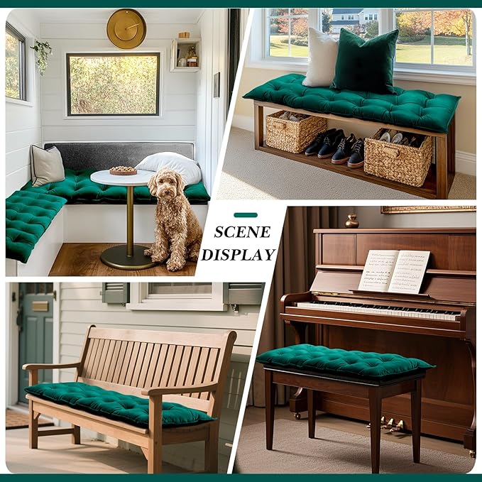 Bench Cushion for Indoor Furniture 42x16 in Velvet Thicken Indoor Window Seat Cushion, Soft Piano Sofa, Entryway Storage, Bay Window Tufted Patio Porch Swing Bench Pad Memory Foam(Green)