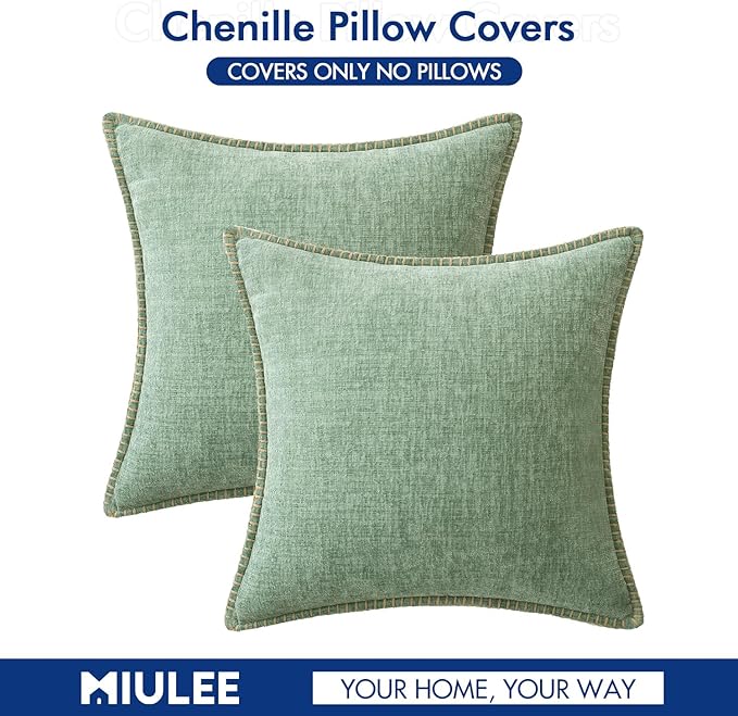 MIULEE Pack of 2 Couch Throw Pillow Covers 18x18 Inch Greyish Green Farmhouse Decorative Pillow Covers with Stitched Edge Soft Chenille Solid Dyed Spring Pillow Covers for Sofa Bed Living Room