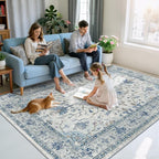 Area Rugs 6'x9' Washable Non-Slip, Floral Vintage Distress Print Pattern Medallion Carpet for Living Room Bedroom Dining Room, Light Blue Navy Beige Gray White