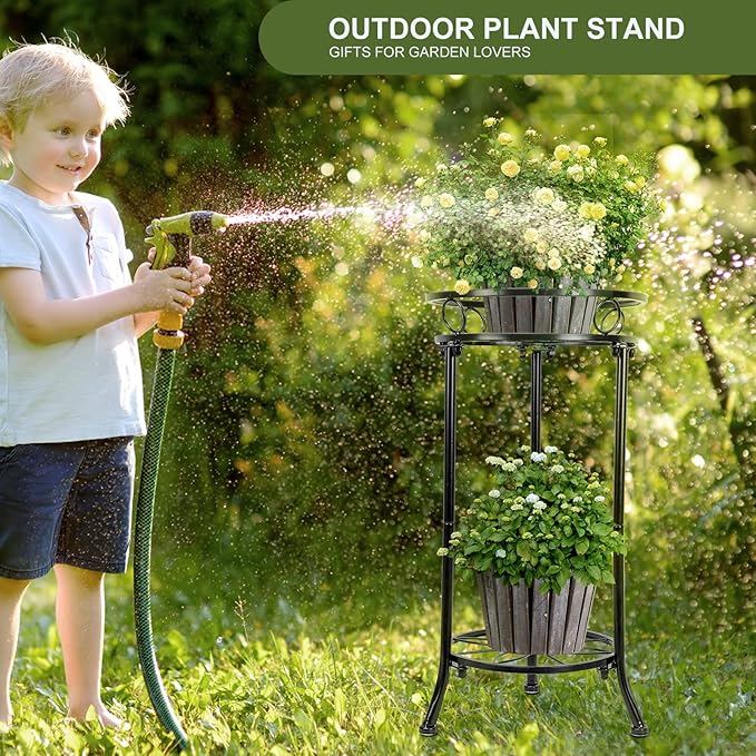 Plant Stand Indoor 2-Tier,20.3 Outdoor Tall Metal Plant Stands Black,Single Corner Heavy Duty Potted Holder Rack Rustproof,Flower Pot Stand for Planter Garden Balcony Patio Office Home