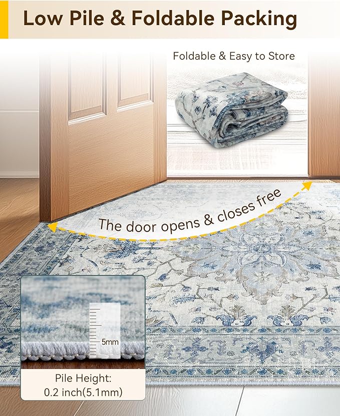Area Rugs 2'x8' Runner Rug Non Slip Washable for Kitchen Hallway Bedroom Beside Laundry Room Bathroom Rug, Floor Carpet, Light Blue Navy Beige Gray White