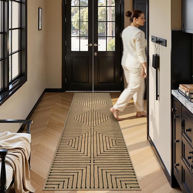 Lahome Neutral Geometric Washable Runner Rug, 2x8 Kitchen Runners for Hallways Non Slip Entryway Rug, Farmhouse Rhombus Low Pile Non Shedding Nature Indoor Outdoor Carpet Runner for Laundry Room