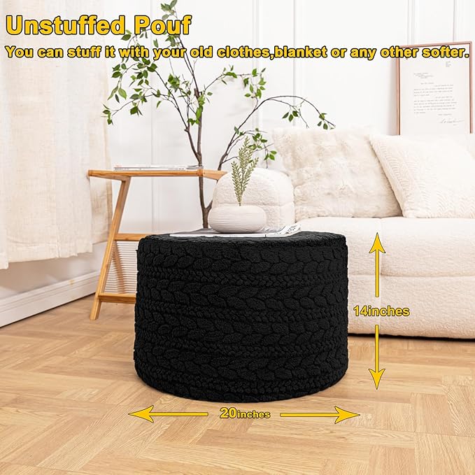 Asuprui 20x14 Inch Unstuffed Ottoman Pouf Cover – Lightweight Foot Rest, Floor Bean Bag Chair, Storage Pouf for Living Room, Bedroom & Balcony (Filler Not Included) (Black)