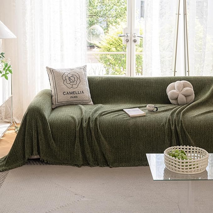ROOMLIFE Green Sofa Cover, Vintage Boho Couch Cover for 3 Cushion Sofa, Non Slip Soft Chenille Sofa Slipcovers for Dog, Washable Furniture Sofa Protector Cover with Tassel for Living Room, 71''X150”