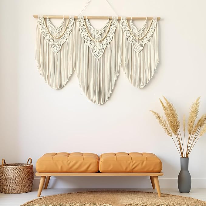 large macrame wall hanging - Boho Tapestry Macrame Wall Decor Art- Chic Bohemian Handmade Woven Tapestry Home Decoration for Bedroom Living Room Apartment Wedding Party - 43"x32" (Beige-Wood Bead)