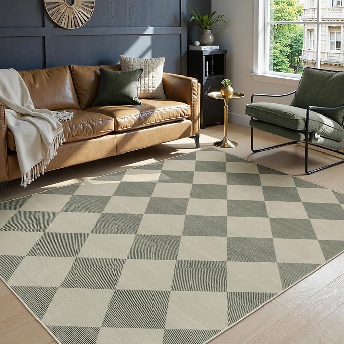 Beeiva Checkered Print 5x7 Rugs for Living Room, Non Slip Soft Green Rugs for Bedroom Ultra Thin Washable Rugs 5x7, Moroccan Farmhouse Carpet for Playroom Kids Room, Classic Classroom Dorm Home Decor