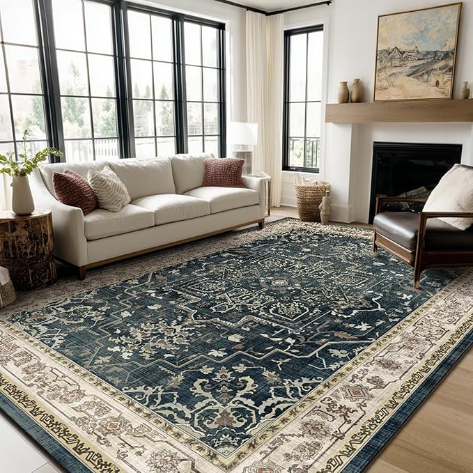 Vintage Distressed 8x10 Rugs for Living Room Bedroom, Washable Non Slip Dining Room Rugs for Under Table, Low Pile Thin Soft Carpet Farmhouse Dark Medallion Printed, Midnight/Multi