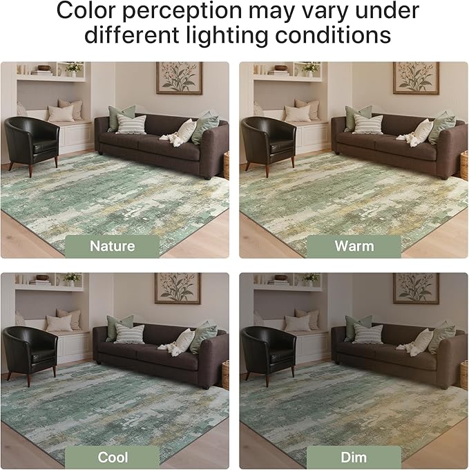 GENIMO No Crease Non Slip 9x12 Area Rugs for Living Room, Craft Woven Modern Rug, Soft Floor Carpet, Single-Piece Rugs for Bedroom, Dining Room, Office,Green Gray