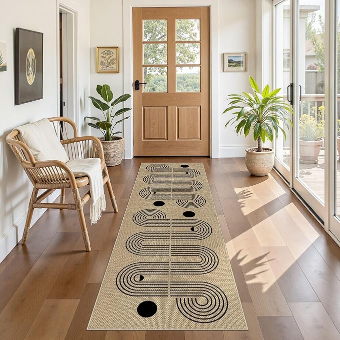 Kitchen Runner Rugs for Hallway, 2x6 Washable Farmhouse Non Slip Outdoor Runners Rug for Bedroom Porch Laundry Bathroom Geometric Brown