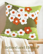 Embroidered Throw Pillow Cover - 18x18 Decorative Pillow Cover with Zipper Aesthetic Cute Design Boho Spring Summer Cozy Throw Pillowcase for Living Room Couch Sofa Bed, Green Flowers