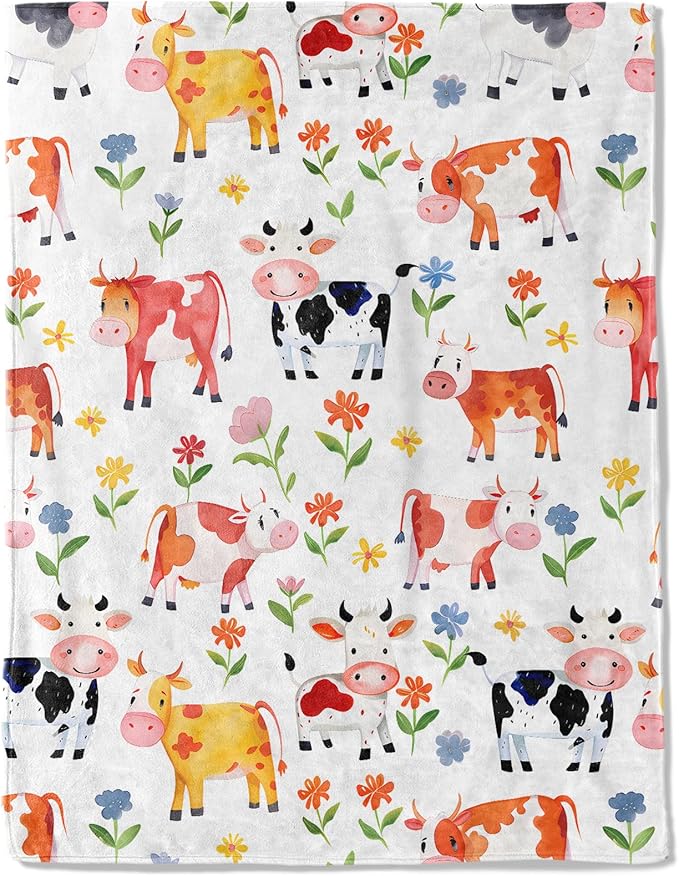 Cartoon Cow Fleece Blanket - Lightweight Soft Cozy Gifts Throw for Animal Lovers, Kids,Women,Cute Cattle Blankets,Cheerful Whimsical Design,Home Room Modern Farmhouse Decor 50x60in