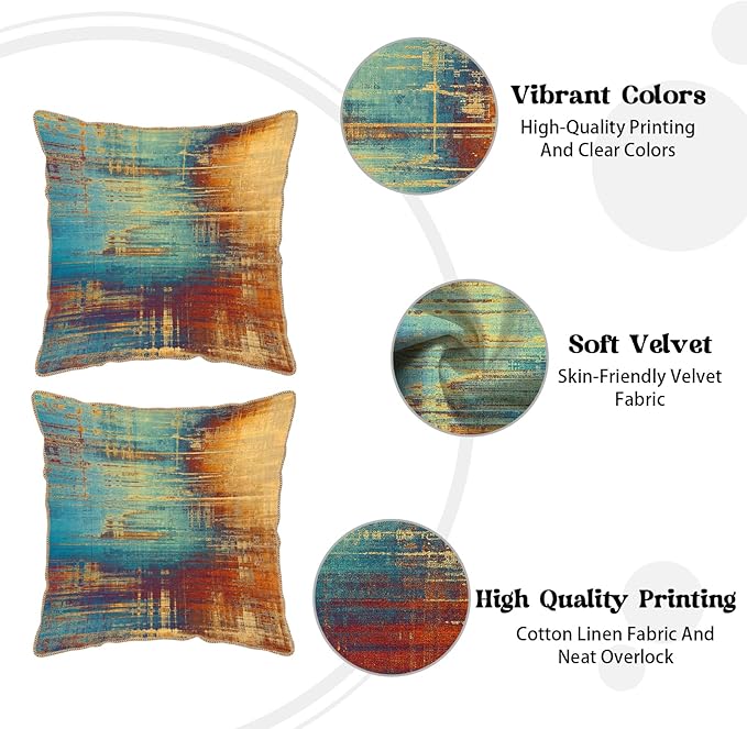 KSLIDS Vintage Abstract Soft Velvet Throw Pillow Covers Set of 2 Blue Orange Messy Rust Painting Decorative Pillow Covers 18x18 Inch Colorful Art Pillow Case for Sofa Couch Living Room Home Decor