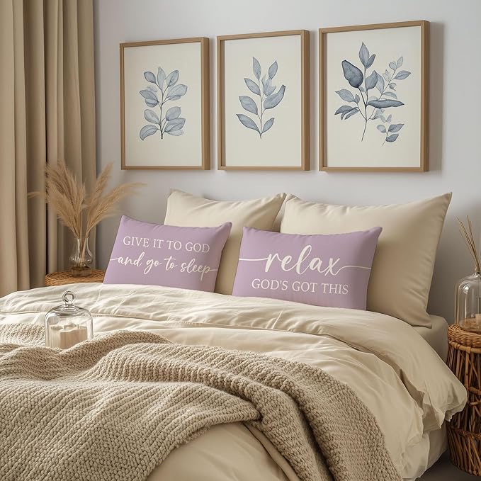 Dusty Lavender Purple Pillow Covers 12x20 Inch Set of 2 – Christian Gifts for Women – Give It to God and Go to Sleep/Relax God’s Got This – Decorative Lumbar Case for Girls’ Room