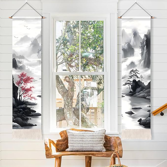 AOHMPT Pack of 2 Long Vertical Tapestry,Nature Landscape Tapestry with Serene Mountain River, Moon & Sun Motifs,Traditional Ink Painting Wall Art,Zen Aesthetic Wall Hanging for Living Room Bedroom Decor 13" W x 51" H"