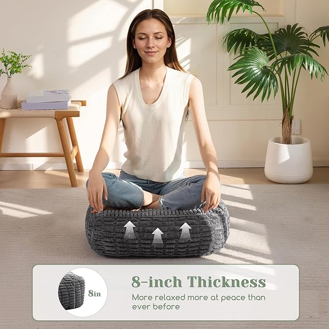 8" Washable Floor Pillow Cushion for Adults, Meditation Cushion Pillow, Removable Tufted Blended Corduroy Cover, Large Square Floor Sitting for Tatami Living Room or Yoga, 22x22 Inch, Machine Washable