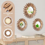 3 Pcs Boho Wall Decor Round Sunburst Mirror Boho Circle Mirror with Rustic Wood Frame Decorative Hanging Wall Art for Farmhouse Home Decor,17 Inch and 12 Inch(Wood Color)