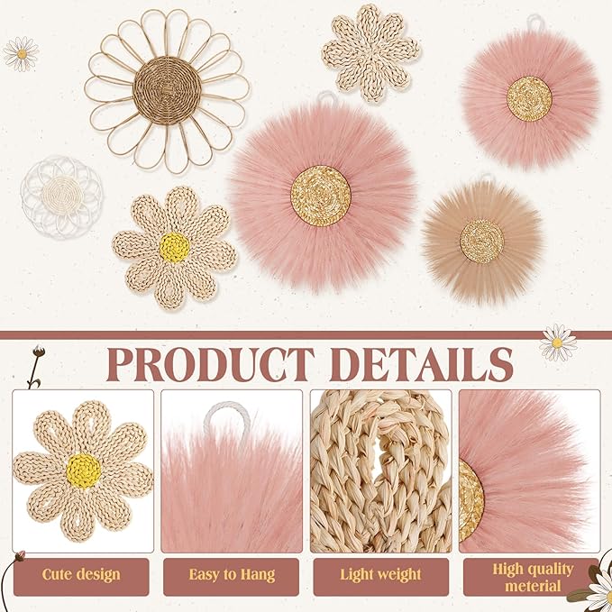 Chunful 7 Pcs Boho Wall Basket Decor Rattan Flower Wall Decor Nursery Daisy Flower Woven Macrame Hanging Flowers for Baby Kids Girls Farmhouse Bedrooms Living Rooms Kitchen Home (Dark Pink)