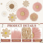 Chunful 7 Pcs Boho Wall Basket Decor Rattan Flower Wall Decor Nursery Daisy Flower Woven Macrame Hanging Flowers for Baby Kids Girls Farmhouse Bedrooms Living Rooms Kitchen Home (Dark Pink)