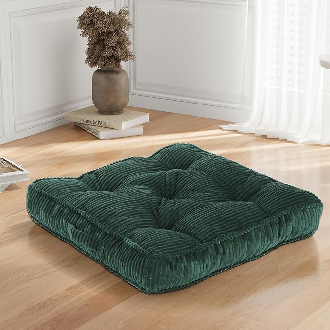 Floor Pillow, 22x22 Tufted Floor Cushion for Adults, Square Large Meditation Cushion Pillow, Green Corduroy Sitting with Handle, Yoga Seating for Tatami, 1Pack