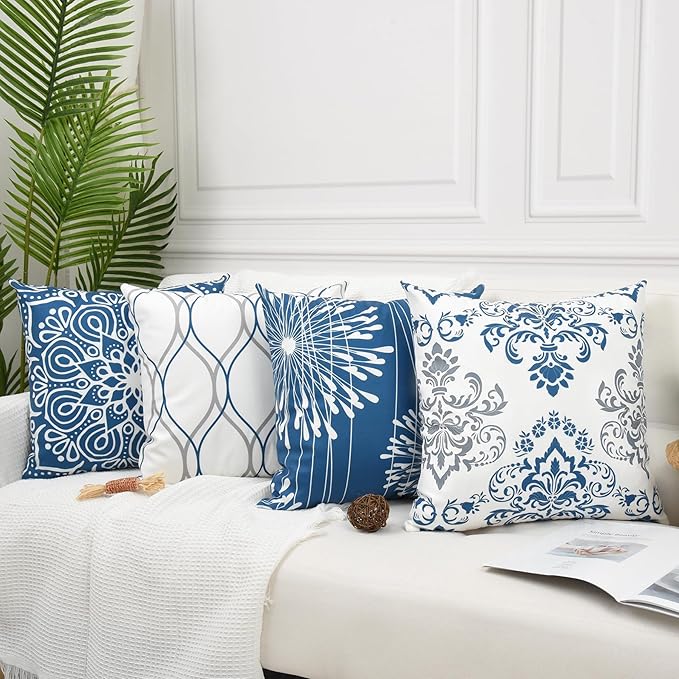Coliuso Decorative Throw Pillow Covers 18x18 Set of 4, Blue Modern Simple Square Pillow Case Cushion Cover for Sofa Couch Farmhouse Outdoor Living Room (Blue, 18"x18")