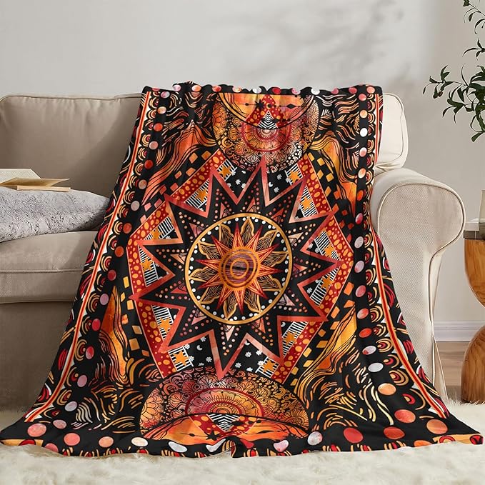 kampdream Orange Ceometric Art Throw Blanket, Hippie Abstract Sun and Moon Yellow Aesthetic Comforter Nap Throws for Couch Chair Bed Decor Comforter 40×50 inch