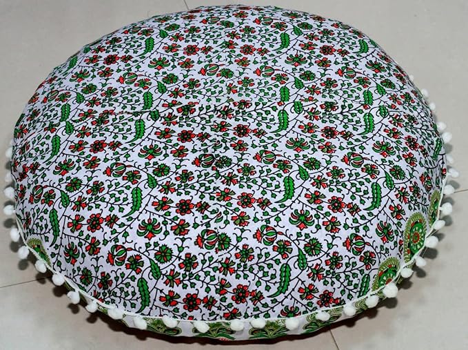 CRAFT KALA 22" Mandala Meditation Floor Pillows Cover Pouf Cover Round Seating Bohemian Mandala Cotton Floor Cushion Cover Outdoor Fireplace Seating Living Room Yoga Room Home Décor Green Red Floral