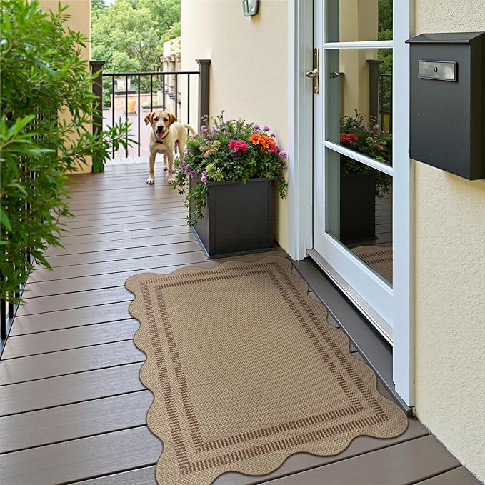 Easy Jute Front Door Mat, 2.6x4 Washable Entryway Rug Non Slip Small Kitchen Rug, Farmhouse Low Pile Floor Scalloped Rugs for Bathroom Porch Doorway