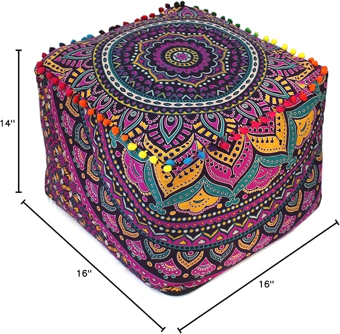 CRAFT KALA Large Hippie Mandala Meditation Floor Ottoman Pillow Cushion Pouf Cover Square Poufs Cover Bohemian Floor Cushion Cover Outdoor Fireplace Living Room Decor 16X16X14 inches, New Pink Ombre
