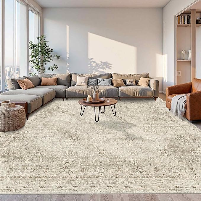10x14 Area Rugs for Living Room Bedroom, Large Washable Rug, Beige Vintage Floral Boho Rug, Non Slip & Low Pile Faux Wool Carpet for Indoor Dining Room and Kids Room(Beige 10x14ft)