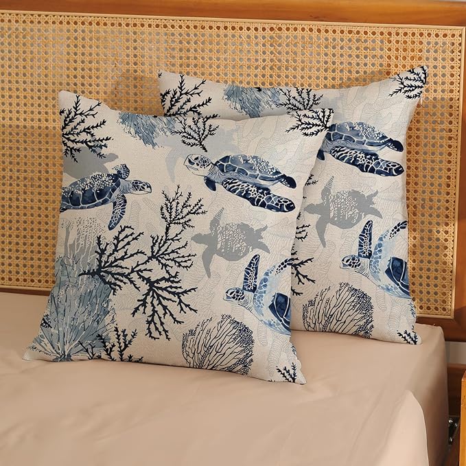 Nautical Coastal Pillow Covers 20x20 Set of 2 Beach Themed Ocean Coral Sea Turtle Decorative Throw Pillows Blue Outdoor Decor Pillow Cases Linen Farmhouse Cushion Case for Sofa Home Holiday