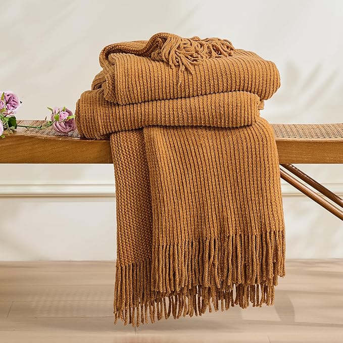 inhand Brown Throw Blanket for Couch Bed,Fall Home Decorative Soft Chunky Chenille Woven Blankets with Tassels,Lightweight Cozy Boho Farmhouse Warm Winter Gifts for Women,60"x80",Medium Thick