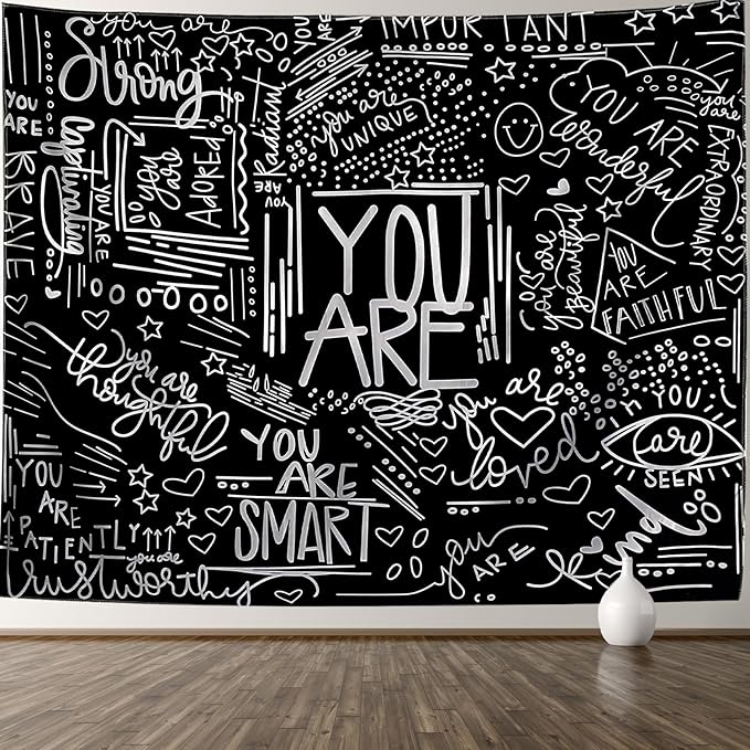 KJHL Quote You Are Wall Tapestry Black and White Inspirational Classroom Kids Tapestries Wall Hanging Motivational Positive Affirmations Saying Aesthetic Tapestry for Bedroom Dorm(51" x 59")