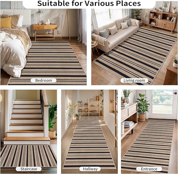 Tangsoo Stripe Easy Jute Rug,Ultra Thin 3x5 Washable Area Rug for Bedroom,Non-Slip Black Indoor Outdoor Rug Modern Farmhouse Low Pile Carpet for Patio Backyard Entryway