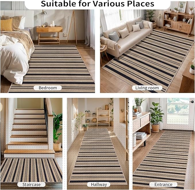 Tangsoo Stripe Easy Jute Rug 4x6 for Paito,Thin Non-Slip Indoor Outdoor Black Door Carpet,Washable Farmhouse Throw Mat for Front Porch Kitchen Bedroom Foyer
