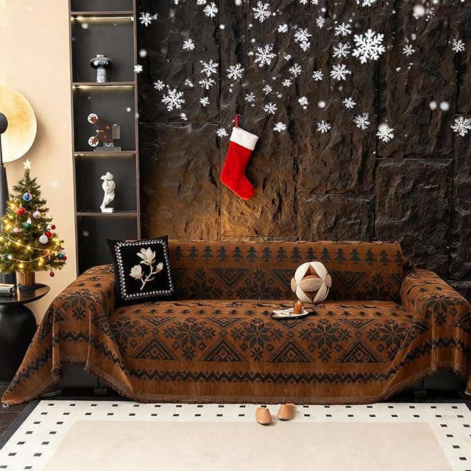 VClife Boho Couch Cover for Christmas 1 Piece Soft Warm Couch Cover for Sectional Sofa, Washable Pumpkin and Black Jacquard 3-Seaters Sofa Covers for Home Office RV 71"x134"