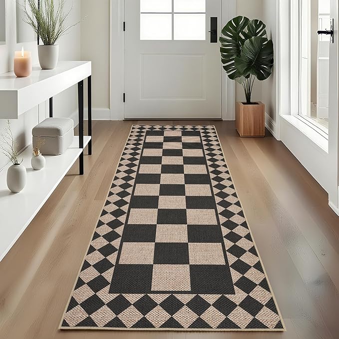 GarveeHome Checkered Jute Runner Rug 2x6 Kitchen Runner Rugs Indoor Outdoor Entryway Rug Non-Slip Washable Jute Rugs for Hallway Non Shedding Neutral Carpet for Bedside Front Door Porch, Natural