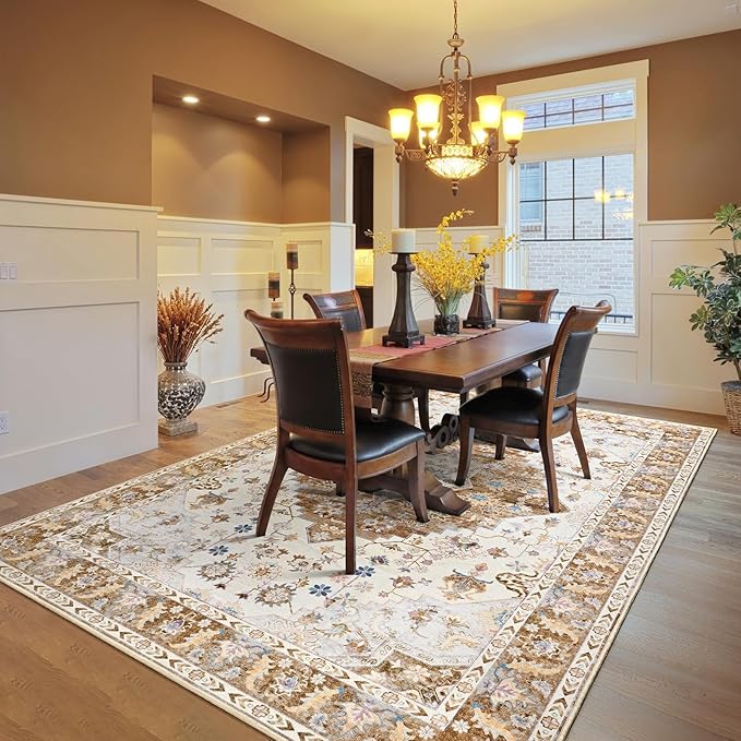 Amearea Vintage Design Area Rugs for Living Room, 4x6 Machine Washable Floral Collection Traditional Bedroom Rug, Low Pile Cute Kids Room Print Carpet, No Slip Office Kitchen Home Decor, Gold Yellow