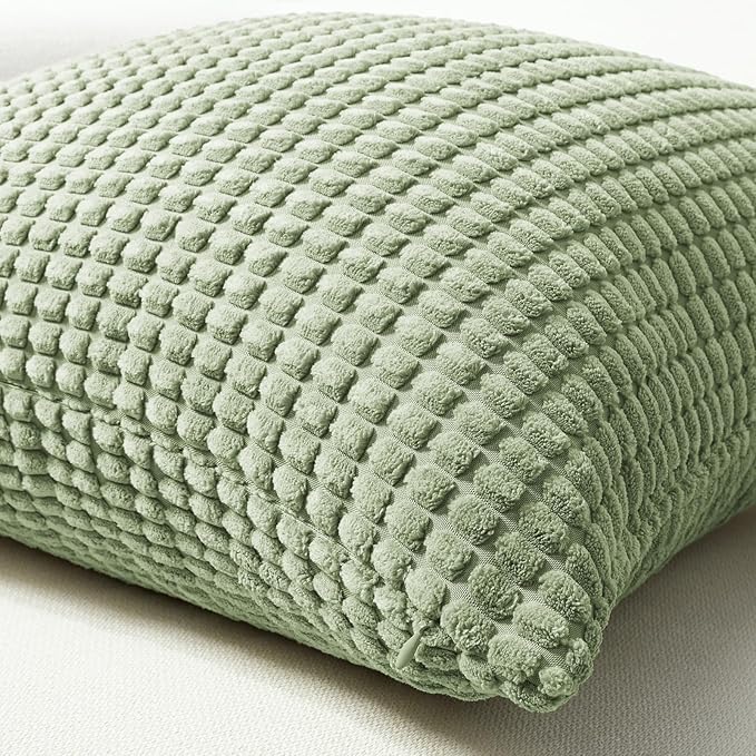 Softalker Throw Pillow Covers 16x16 Inch, Set of 2, Soft Corduroy Boho Stripe Decorative Pillow Cover, Couch Fluffy Pillow Cover for Farmhouse Home Decor Bed Living Room, Sage Green