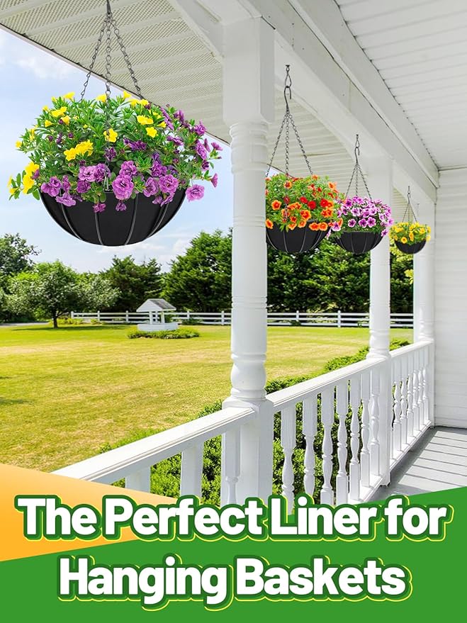 4pcs 16in Thick Felt Hanging Basket Liners - Heavy-Duty 400GSM Non-Woven Fabric Round Planter Liner for Garden Wall Flower Hanging Baskets, Replacement for Coco Fiber Liner