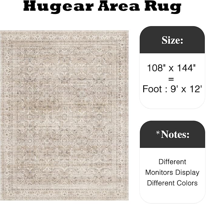 HUGEAR Area Rug 9x12 Vintage Beige Machine Washable Living Room Rugs Distressed Retro Floral Vacuumable Low Pile Carpet Bedroom Office Dining Room Laundry Room Non Slip Soft Lightweight
