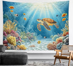 HVEST Blue Ocean Sea Turtle Tapestry Coastal Under the Sea Tropical Fish Coral Wall Tapestry for Bedroom Underwater World Sea Life Tapestries Wall Art Decor for Living Room Dorm, 60L x 80W Inches