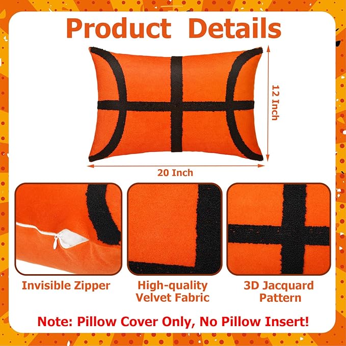 2 Pcs Basketball Velvet Pillow Covers 12 x 20 Inch 3D Tufted Embroidery Sports Theme Basketball Decorative Throw Cushion Case for Bedroom Sofa Living Room Couch Chair Home Decor