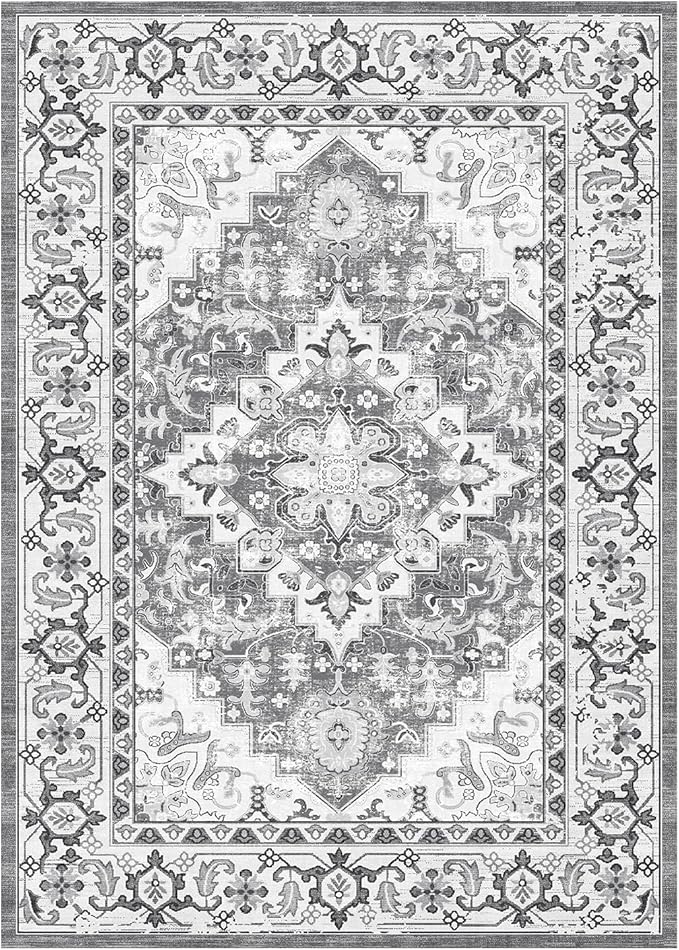 Lessymo 2 x 3 Entryway Rug - Machine Washable Area Rugs Boho Faux Wool Low Pile Area Rug for Bedroom, Floral Medallion Vintage Outdoor Rugs with Non-Slip Rubber,Grey Beige