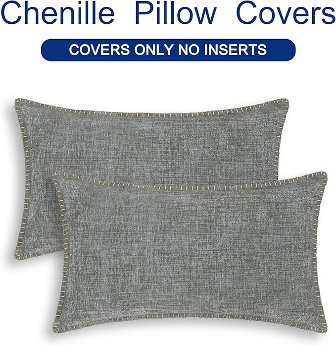 CaliTime Throw Pillow Covers Decorative 12 X 20 Inches Pack of 2 Cotton Thread Stitching Edges Solid Dyed Soft Chenille Cushion Cases for Couch Sofa Bed Living Room Farmhouse Medium Grey