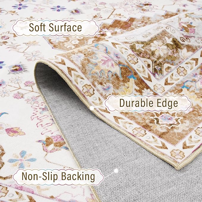 Amearea Vintage Design Area Rugs for Living Room, 4x6 Machine Washable Floral Collection Traditional Bedroom Rug, Low Pile Cute Kids Room Print Carpet, No Slip Office Kitchen Home Decor, Gold Yellow