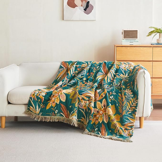 Boho Throw Blanket - 50"x60" Soft Cotton Throw Blanket Muslin Blankets for Bed, Reversible Lightweight Spring Blanket with Floral Printed, All Season Farmhouse Decor Rustic Blanket