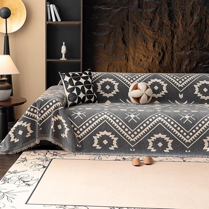 VClife Bohemian Tribal Sofa Cover Gray White Aztec Geometric Pattern Couch Cover for 3-4 Cushion Couch Sofa - Non Slip Sectional Slipcover Decorative Furniture Protector for Home Decor 71" X 150"
