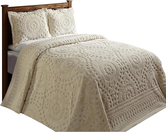 Better Trends Chenille Bedspread Set 3 Pieces Ivory 100% Cotton King Size Bedspread Medallion Pattern 2 King Shams Luxurious Feel Perfect for Gifting All Seasons, Machine Washable, Rio Collection